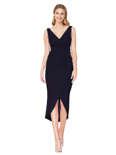 Cheap Sleeveless High Neck Stretch Crepe Dark Navy Knee Length High Low Formal Dress Canada