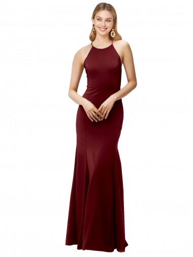 Cheap Sleeveless High Neck Stretch Crepe Burgundy Gold Long Formal Dress Canada