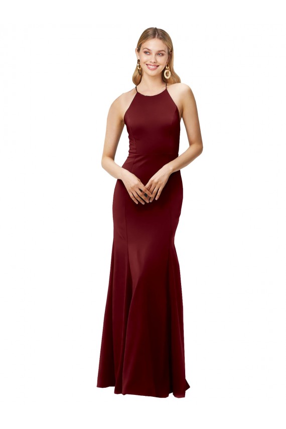 Cheap Sleeveless High Neck Stretch Crepe Burgundy Gold Long Formal Dress Canada