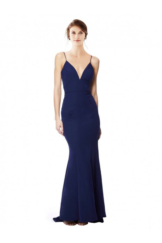 Cheap Sleeveless High Neck Stretch Crepe Navy Blue Long Formal Dress Canada
