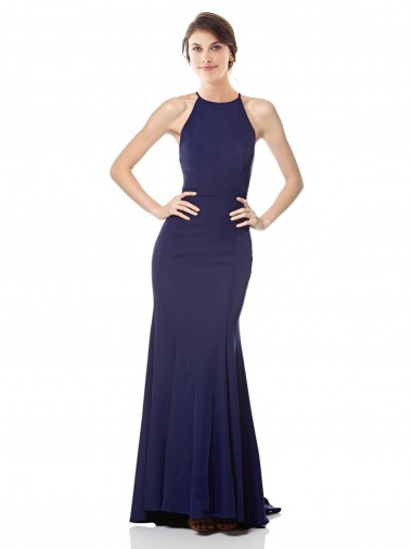 Cheap Sleeveless High Neck Stretch Crepe Navy Blue Long Formal Dresses Canada