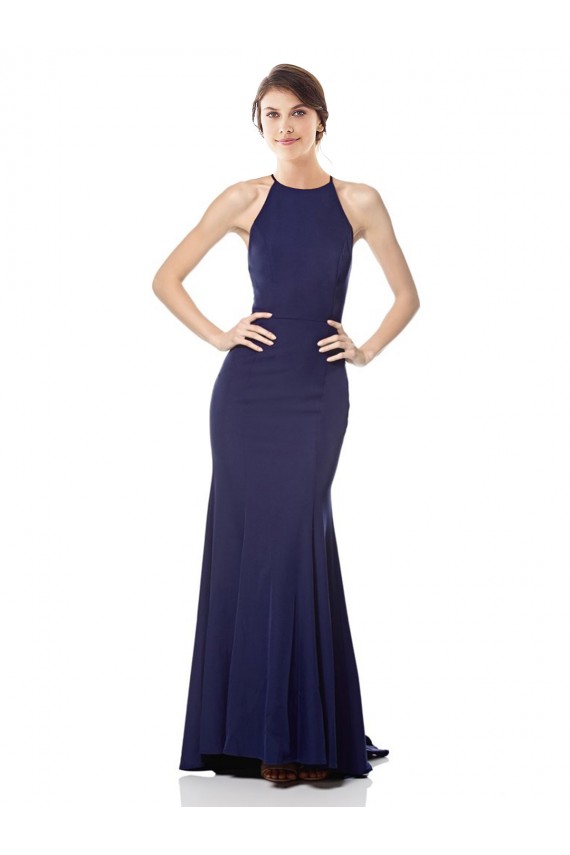 Cheap Sleeveless High Neck Stretch Crepe Navy Blue Long Formal Dresses Canada