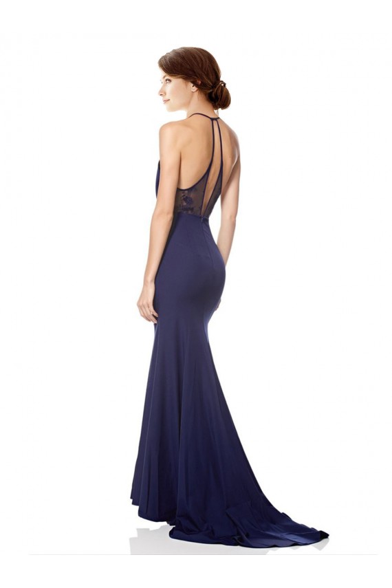 Cheap Sleeveless High Neck Stretch Crepe Navy Blue Long Formal Dresses Canada