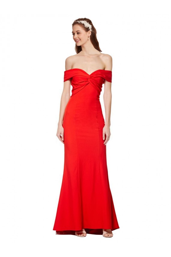 Cheap Sleeveless High Neck Stretch Crepe Red Long Off the Shoulder Formal Dress Canada