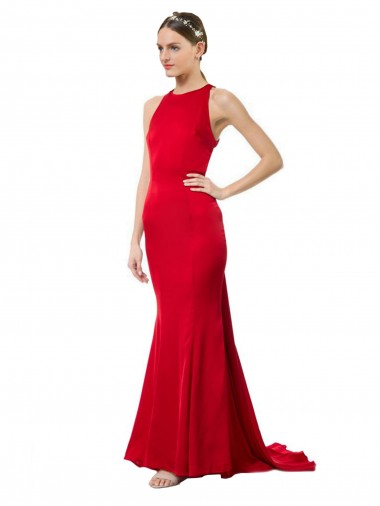 Cheap Sleeveless High Neck Stretch Crepe Red Long Halter Formal Dress Canada