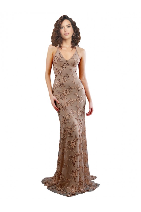 Cheap Sleeveless High Neck Stretch Crepe & Sequin Tulle Rose Gold Long Formal Dress Canada