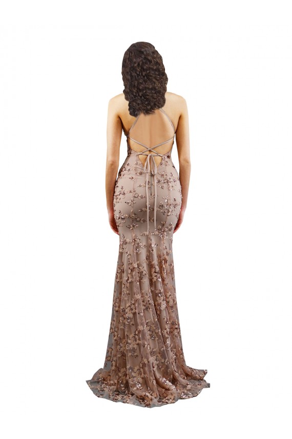 Cheap Sleeveless High Neck Stretch Crepe & Sequin Tulle Rose Gold Long Formal Dress Canada