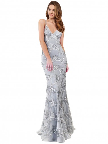 Cheap Sleeveless High Neck Stretch Crepe & Sequin Tulle Silver Long Formal Dress Canada