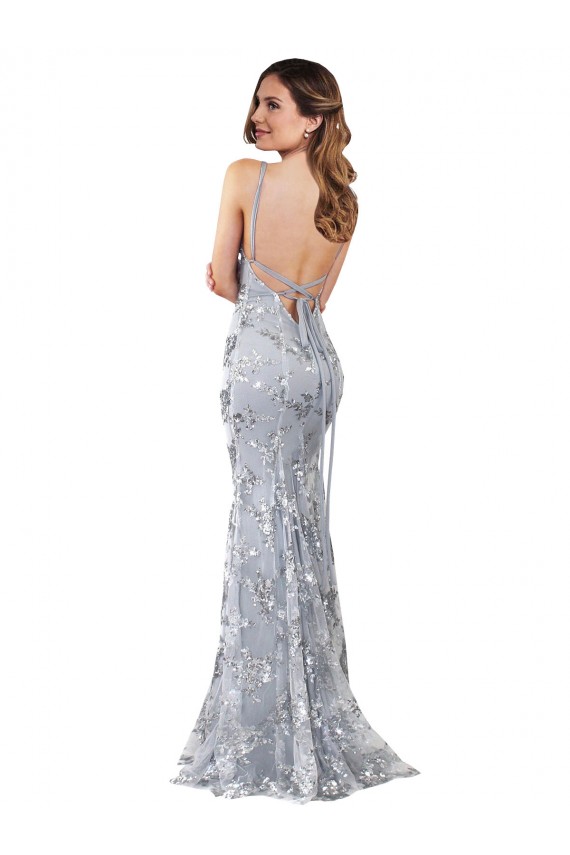 Cheap Sleeveless High Neck Stretch Crepe & Sequin Tulle Silver Long Formal Dress Canada
