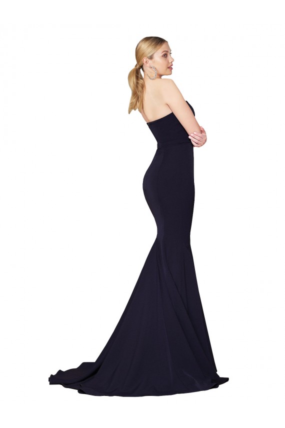 Cheap Sleeveless High Neck Stretch Crepe Dark Navy Sweep Train Formal Dress Canada