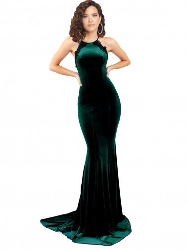 Cheap Sleeveless High Neck Stretch Velvet Dark Green Sweep Train Formal Dress Canada