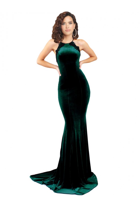 Cheap Sleeveless High Neck Stretch Velvet Dark Green Sweep Train Formal Dress Canada
