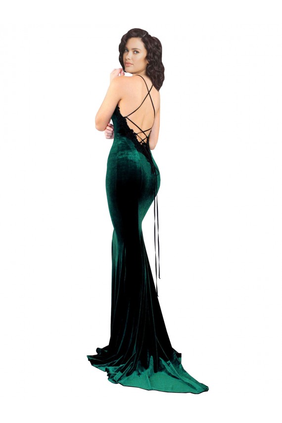 Cheap Sleeveless High Neck Stretch Velvet Dark Green Sweep Train Formal Dress Canada