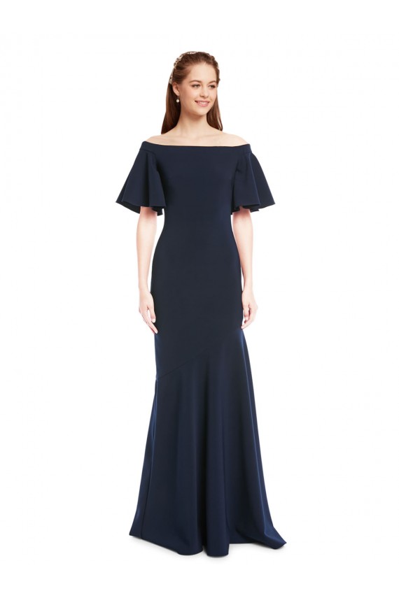 Cheap Short Sleeves Off the Shoulder Stretch Crepe Dark Navy Long Formal Dress Canada