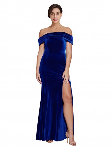 Cheap Sleeveless Off the Shoulder Stretch Velvet Royal Blue Long Formal Dress Canada