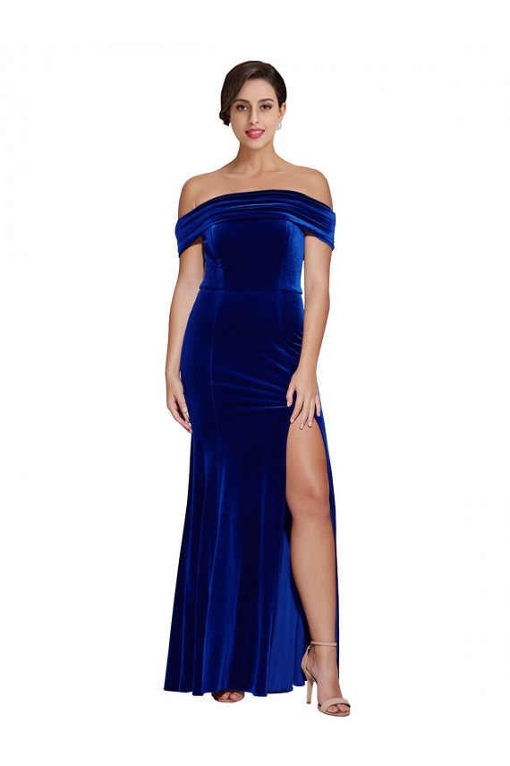 Cheap Sleeveless Off the Shoulder Stretch Velvet Royal Blue Long Formal Dress Canada