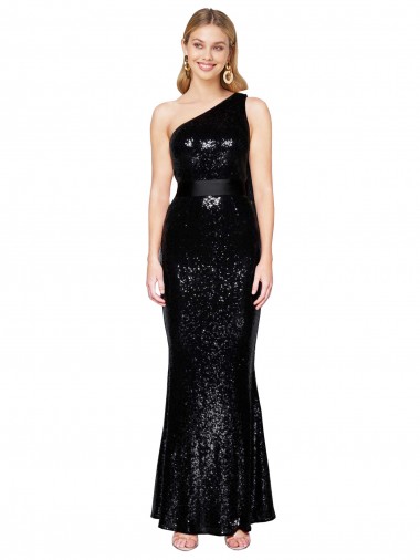Cheap Sleeveless One Shoulder Sequin Black Long Formal Dress Canada
