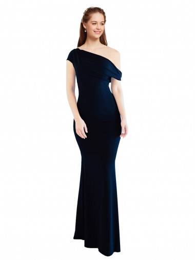 Cheap Sleeveless One Shoulder Stretch Crepe Dark Navy Long Formal Dress Canada
