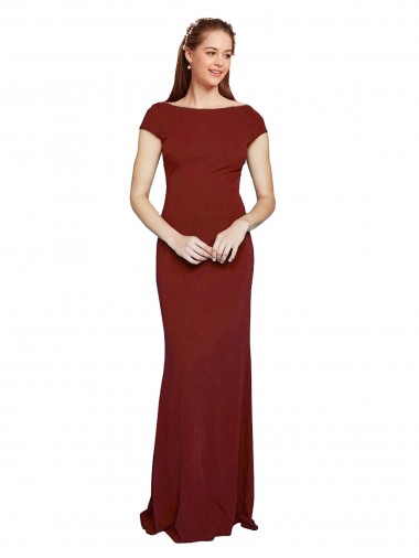 Cheap Cap Sleeves Round Neck Stretch Crepe Burgundy Long Formal Dress Canada