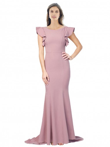 Cheap Flutter Sleeves Round Neck Stretch Crepe Dusty Pink Sweep Train Formal Dress Canada