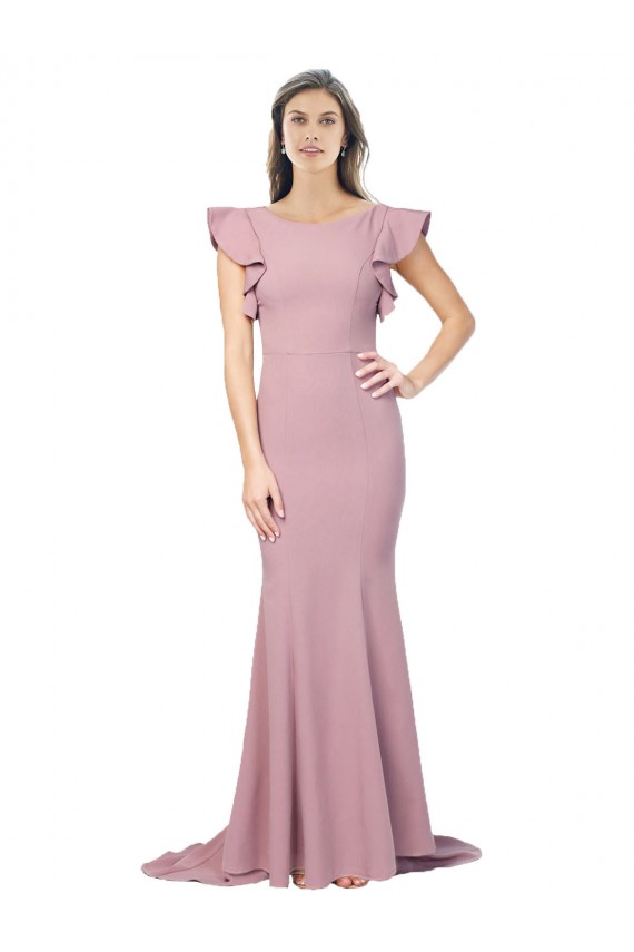 Cheap Flutter Sleeves Round Neck Stretch Crepe Dusty Pink Sweep Train Formal Dress Canada