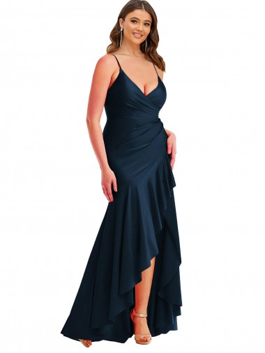 Cheap Sleeveless Spaghetti Straps Silky Satin Dark Navy Long High Low Plus Size Formal Dress Canada