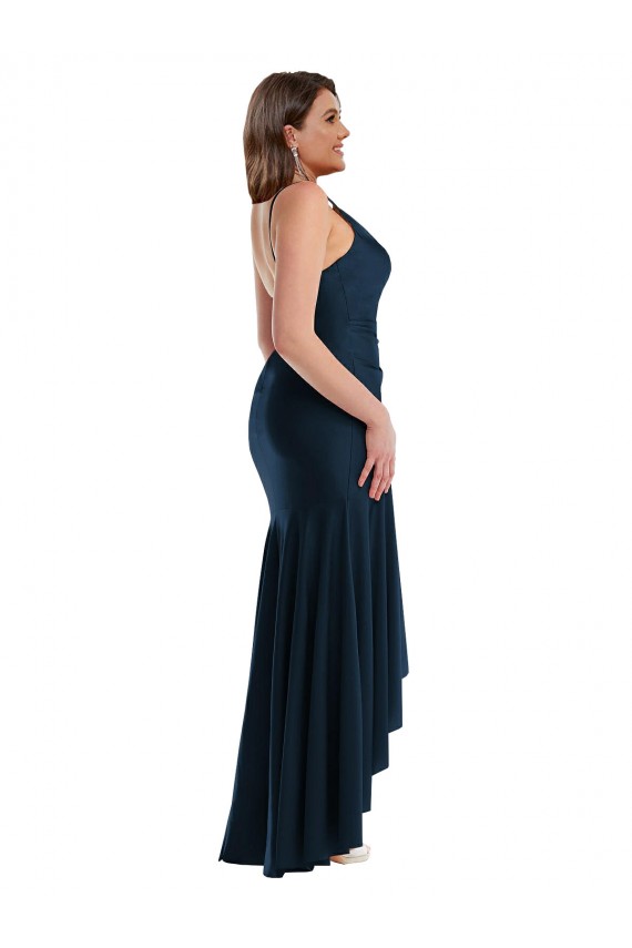 Cheap Sleeveless Spaghetti Straps Silky Satin Dark Navy Long High Low Plus Size Formal Dress Canada