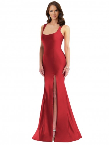 Cheap Sleeveless Square Neck Silky Satin Red Long Formal Plus Size Formal Dress Canada