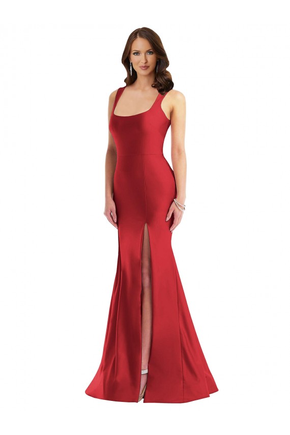 Cheap Sleeveless Square Neck Silky Satin Red Long Formal Plus Size Formal Dress Canada
