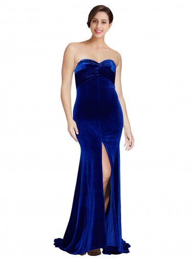 Cheap Sleeveless Strapless Stretch Velvet Royal Blue Sweep Train Formal Dress Canada