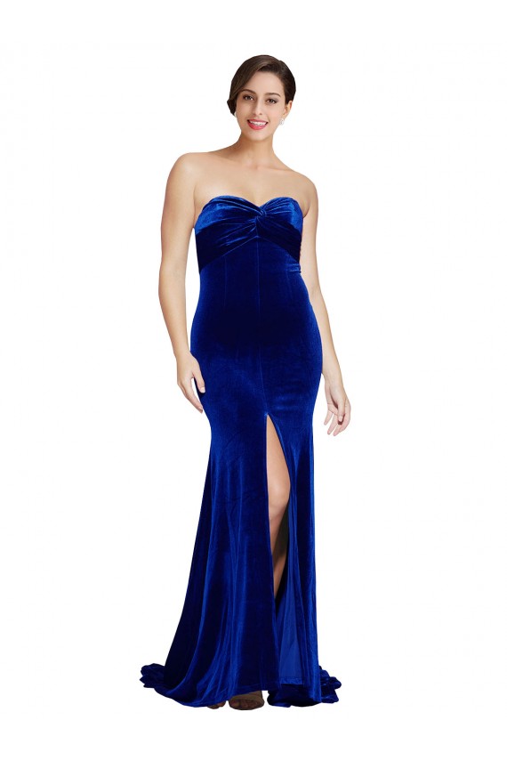 Cheap Sleeveless Strapless Stretch Velvet Royal Blue Sweep Train Formal Dress Canada