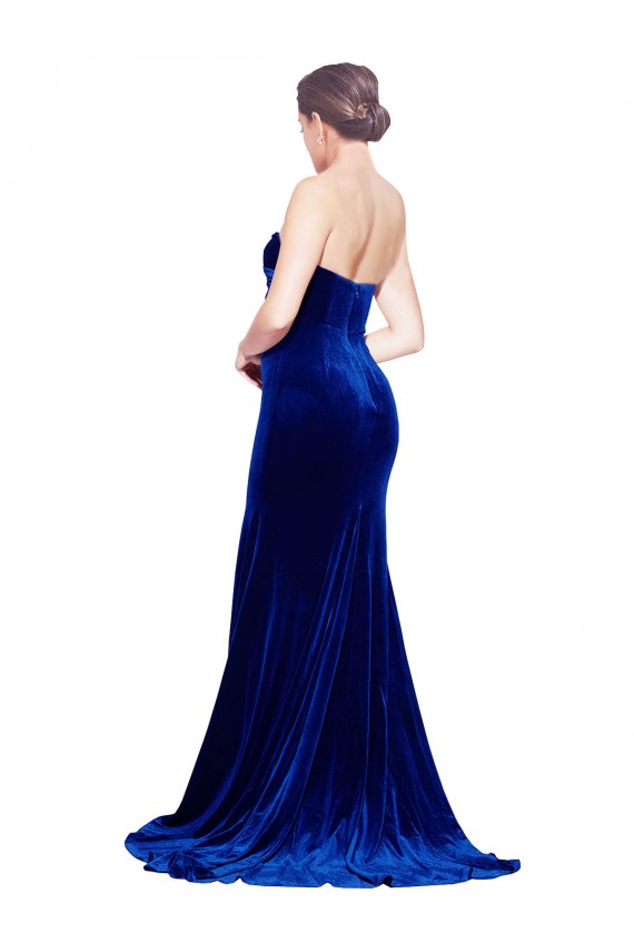 Cheap Sleeveless Strapless Stretch Velvet Royal Blue Sweep Train Formal Dress Canada