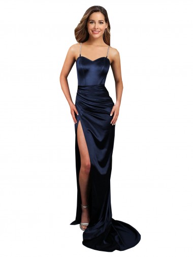 Cheap Sleeveless Sweetheart Stretch Satin Dark Navy Long Formal Dress Canada