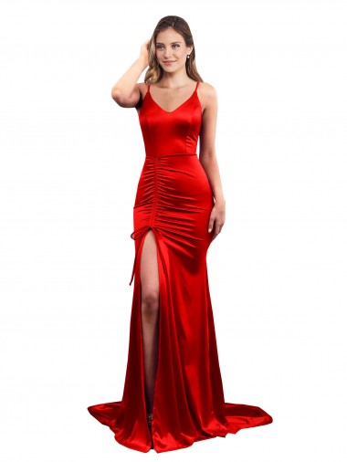 Cheap Sleeveless Sweetheart Stretch Satin Red Long Formal Dresses Canada