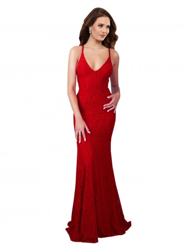 Cheap Sleeveless V-Neck Lace Red Long Formal Dress Canada