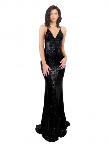 Cheap Sleeveless V-Neck Sequin Black Long Black Tie Formal Dress Canada