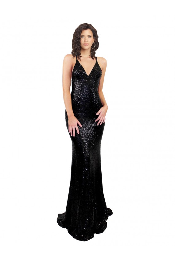 Cheap Sleeveless V-Neck Sequin Black Long Black Tie Formal Dress Canada