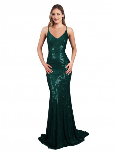 Cheap Sleeveless V-Neck Sequin Dark Green Mermaid Long Formal Dress Canada