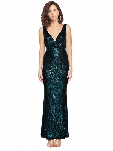 Cheap Sleeveless V-Neck Sequin Dark Green Long Formal Dress Canada