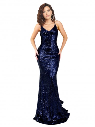 Cheap Sleeveless V-Neck Sequin Dark Navy Long Formal Dress Canada