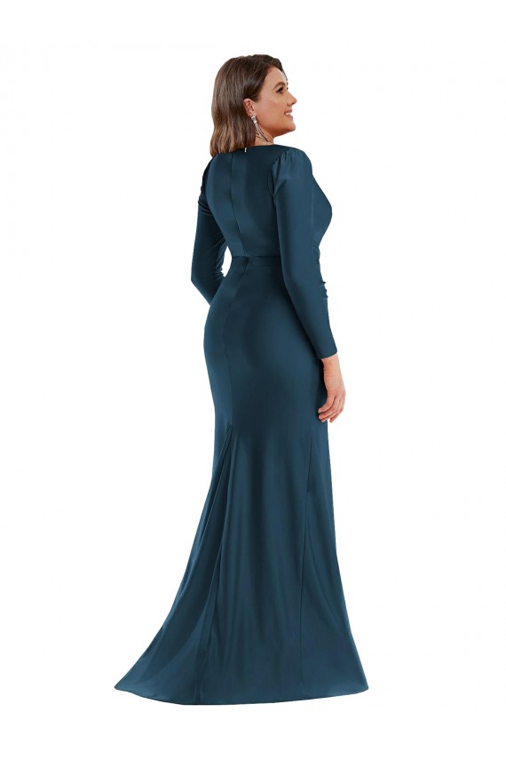 Cheap Long Sleeves V-Neck Silky Satin Atlantic Blue Long Formal Plus Size Formal Dress Canada