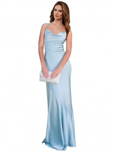 Cheap Sleeveless Cowl Neck Silky Satin Light Sky Blue Long Formal Dress Canada