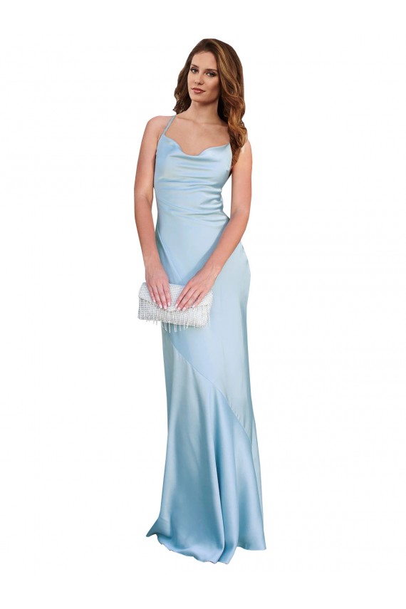 Cheap Sleeveless Cowl Neck Silky Satin Light Sky Blue Long Formal Dress Canada