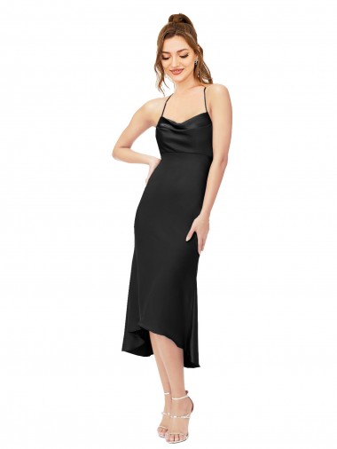 Cheap Sleeveless Cowl Neck Silky Satin Black Midi Length High Low Formal Dress Canada