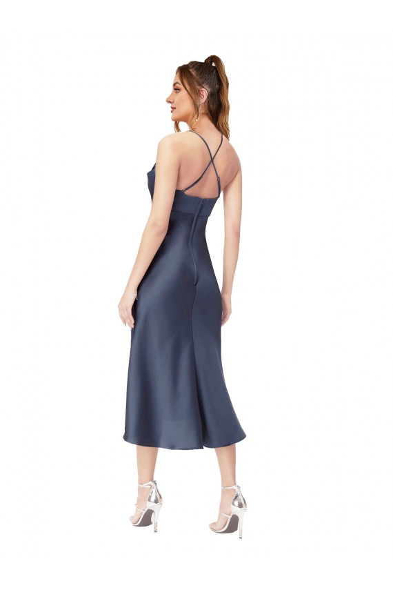 Cheap Sleeveless Cowl Neck Silky Satin Black Midi Length High Low Formal Dress Canada