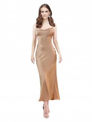 Cheap Sleeveless Cowl Neck Silky Satin Rose Gold Midi Length Formal Dress Canada
