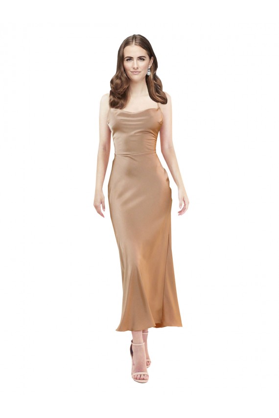 Cheap Sleeveless Cowl Neck Silky Satin Rose Gold Midi Length Formal Dress Canada