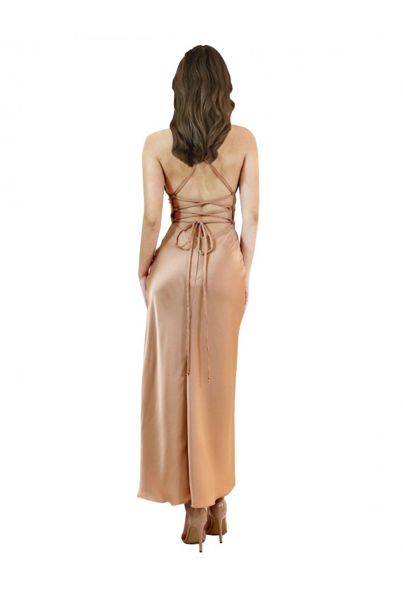 Cheap Sleeveless Cowl Neck Silky Satin Rose Gold Midi Length Formal Dress Canada
