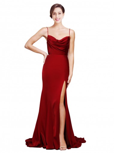 Cheap Sleeveless Cowl Neck Stretch Satin Burgundy Sweep Train Black Tie Formal Dress Canada