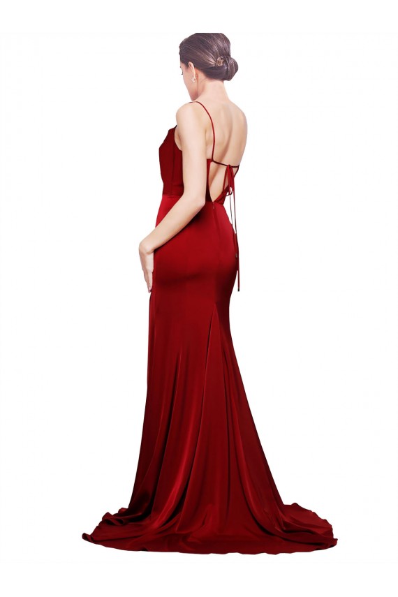 Cheap Sleeveless Cowl Neck Stretch Satin Burgundy Sweep Train Black Tie Formal Dress Canada